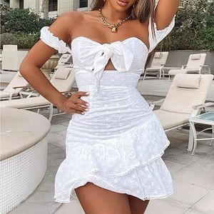 Hold The Phone Eyelet Mini Dress - White